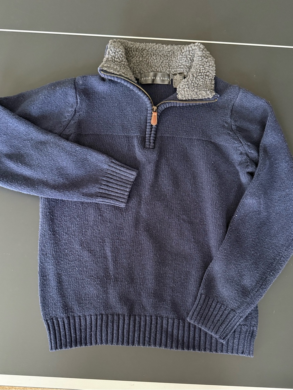 Oscar de la Renta Navy Half-Zip Sweater with Gray Sherpa Collar Trim